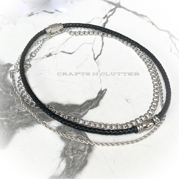 ✦ 3PC Men’s Black Cowhide Magnetic Necklace Stainless Steel Chain Set - Picture 4 of 5